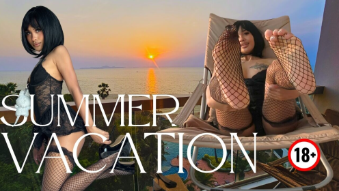 Cute Asian in Black Lace Lingerie Sways Hips on Oceanfront Balcony preview
