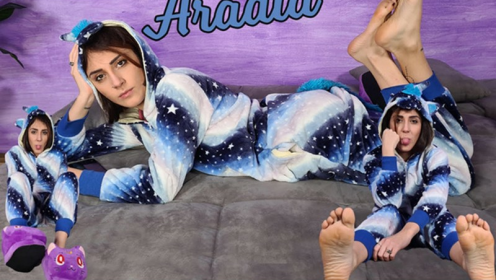 Stunning Aradia In A One-Piece Hooded Pajama And Purple Slippers preview